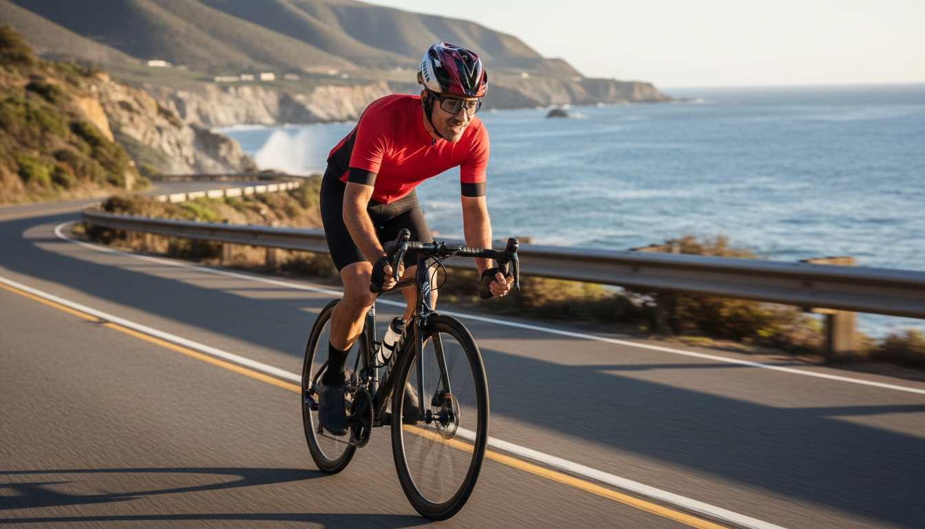 Cyclist wearing red and black Ninja helmet - lifestyle photo