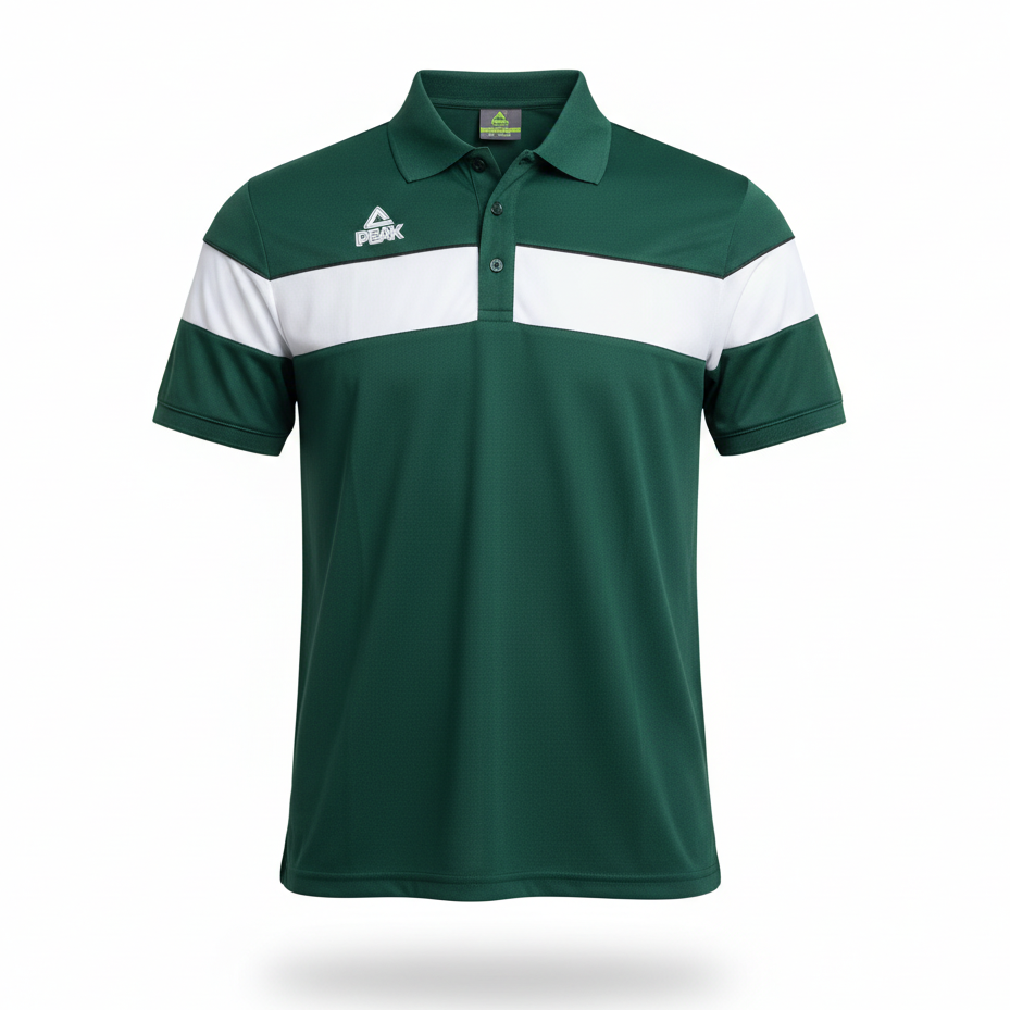 Dark green and white Peak polo shirt with ghost mannequin effect on white background