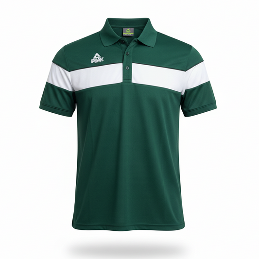 Dark green and white Peak polo shirt with ghost mannequin effect on white background