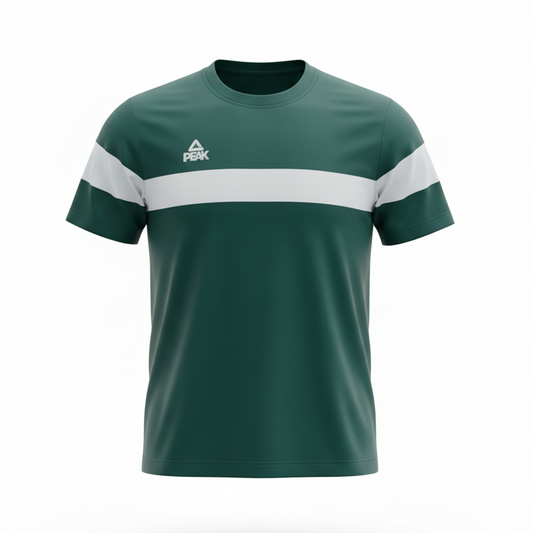 Dark green and white Peak t-shirt with ghost mannequin effect on white background