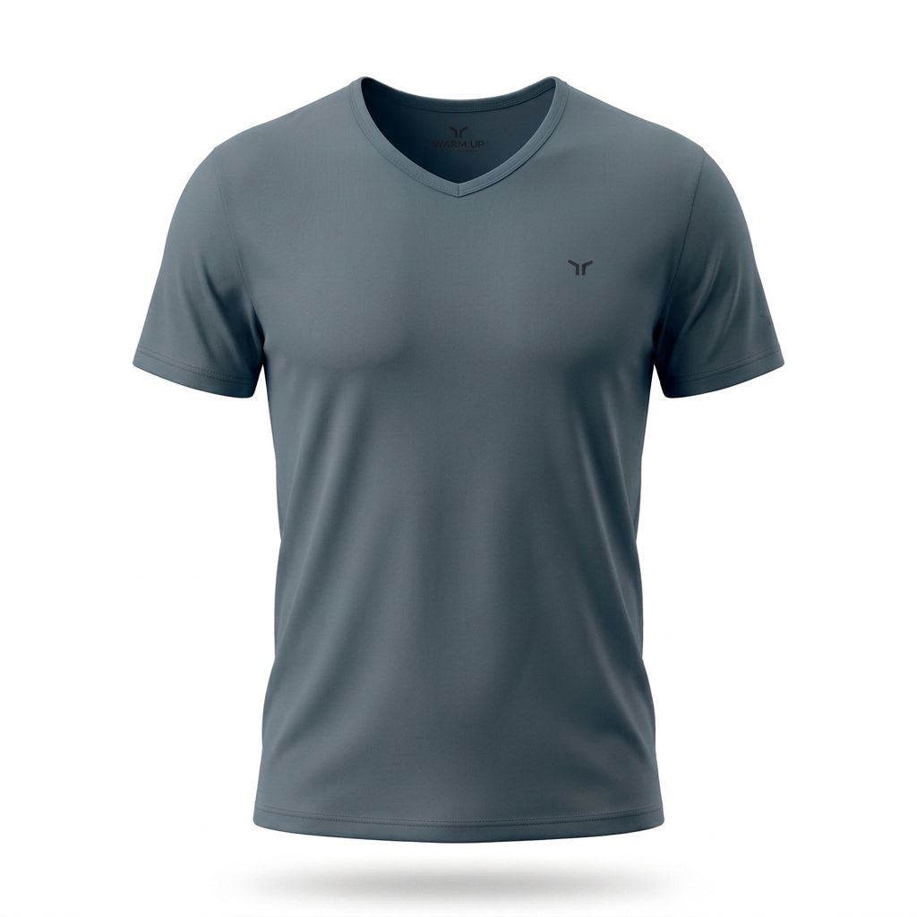 Dark grey V-neck T-shirt in the brick reference’s white-background studio style