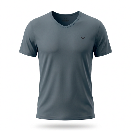 Dark grey V-neck T-shirt in the brick reference’s white-background studio style
