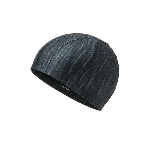 Dark heathered lycra cap - left side floating view with brand name