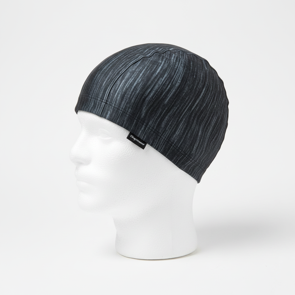 Dark heathered lycra cap on mannequin - left side view with brand