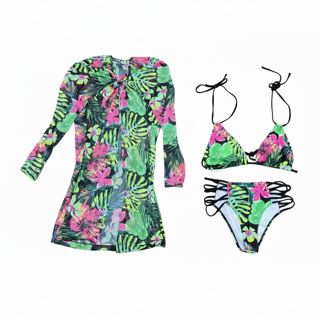 Dark Neon Tropical Swimsuit Set White Background