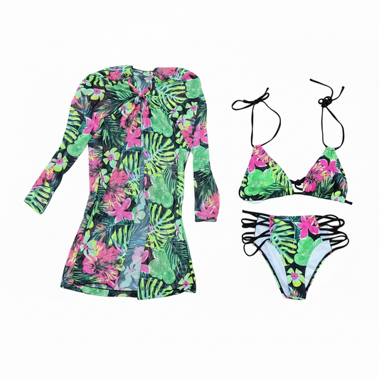 Dark Neon Tropical Swimsuit Set White Background