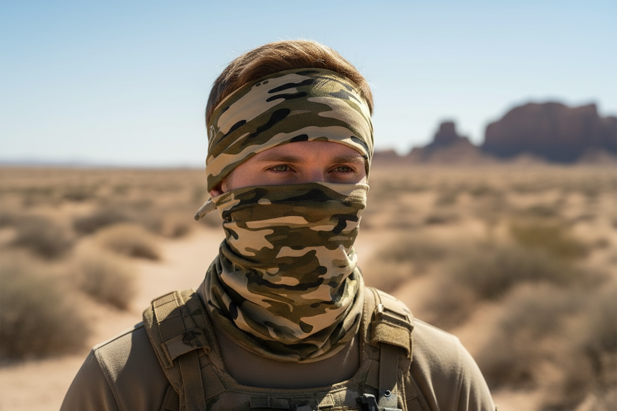 Desert camo headgear covering nose in army setting