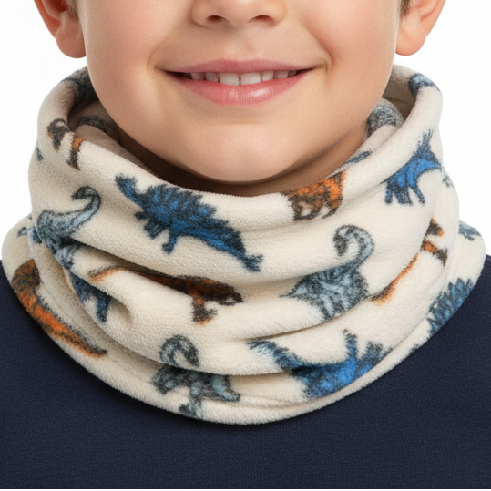 Dinosaur fleece gaiter worn around a boy's neck