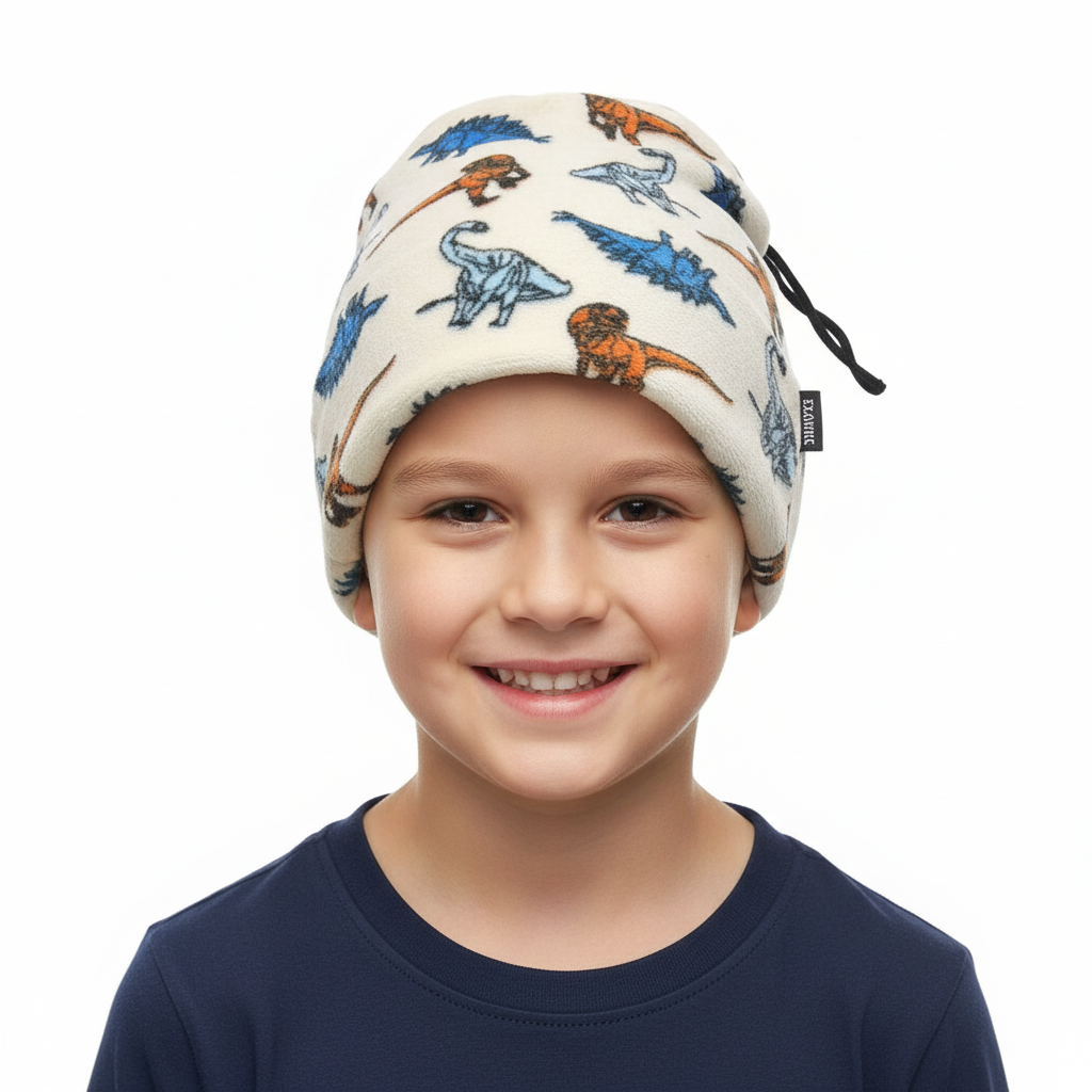 Dinosaur fleece hat worn by a boy