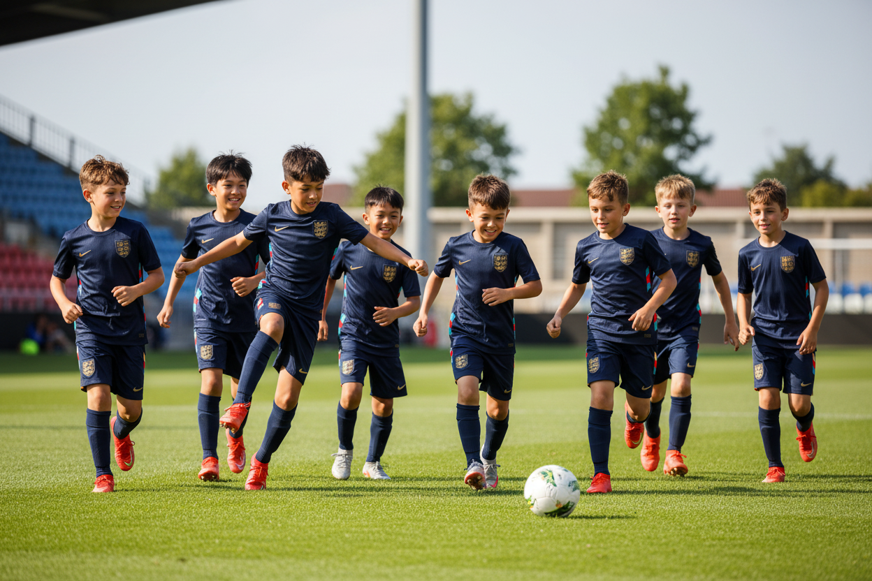 England Away Kit – Kids Team Playing Football