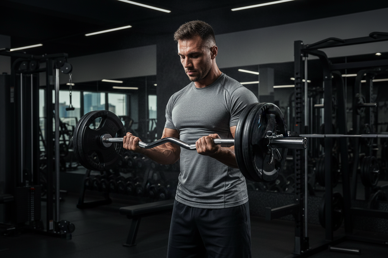 EZ curl bar with weight plates lifestyle photo