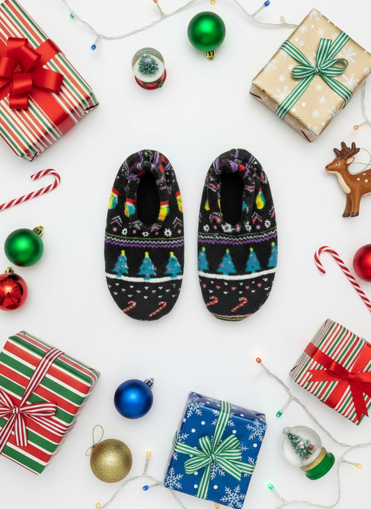 Flat lay with candy canes and colorful ornaments
