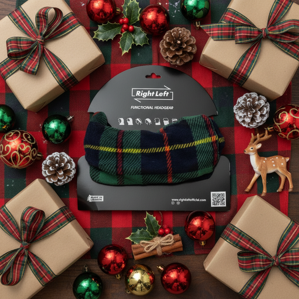 Flat lay with Christmas ornaments and plaid ribbon