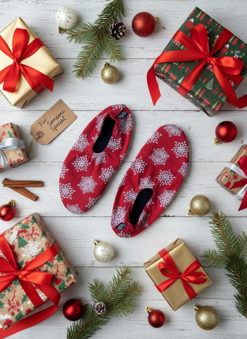 Flat lay with wrapped gifts and ornaments