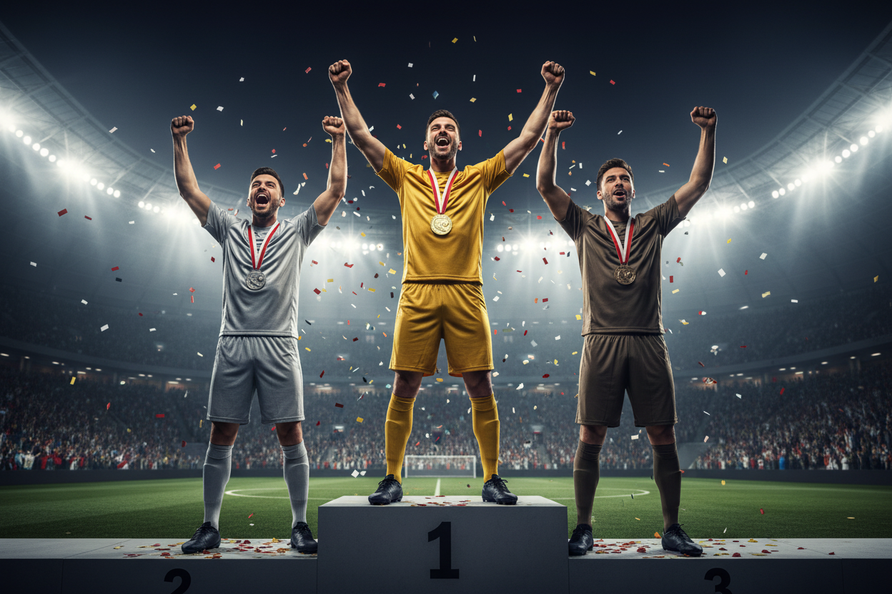 Football gold silver bronze medals podium shot