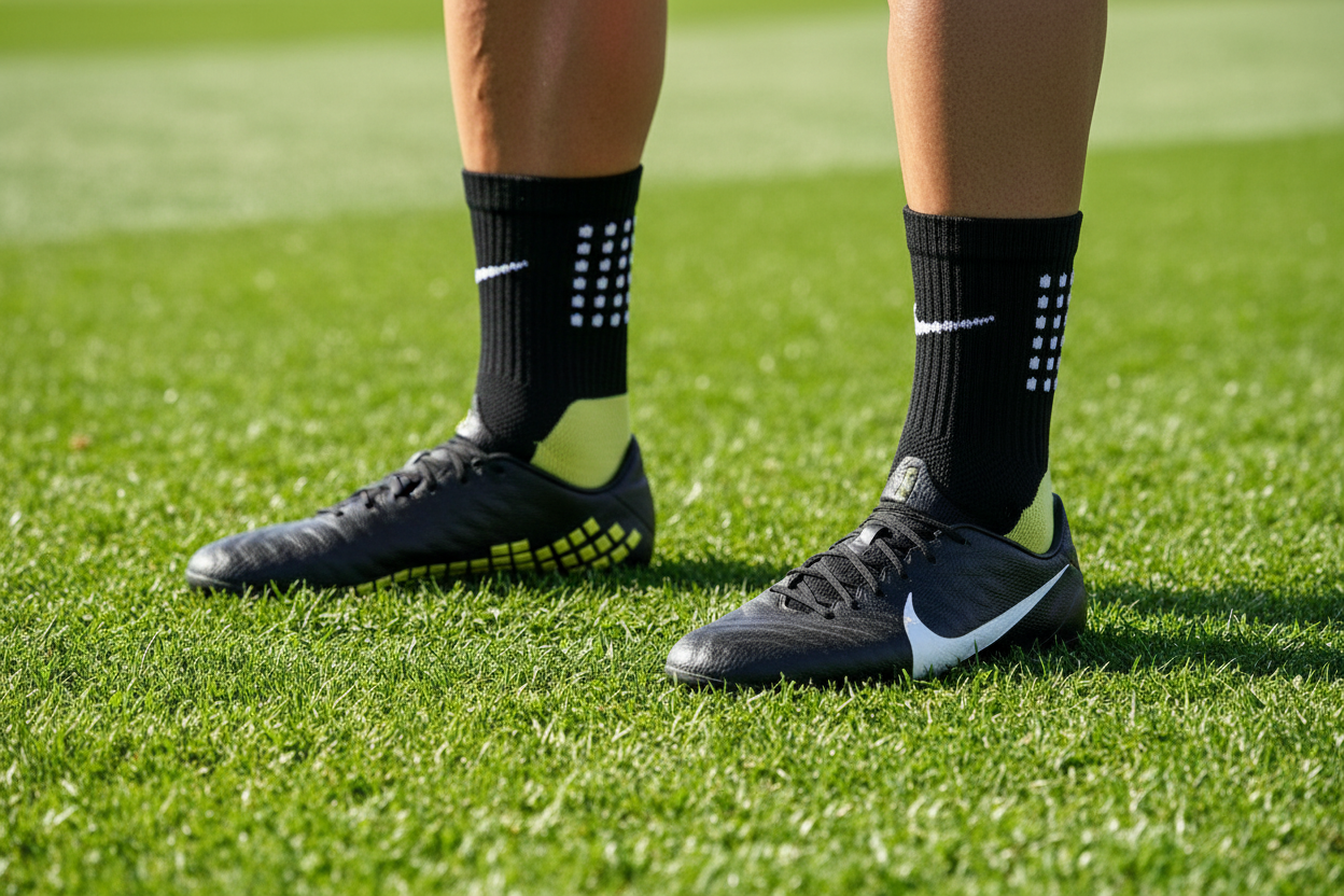 Footballer Wearing Black & Yellow Grip Socks with Cleats
