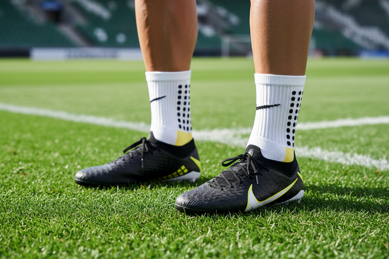 Footballer Wearing White & Yellow Grip Socks with Cleats