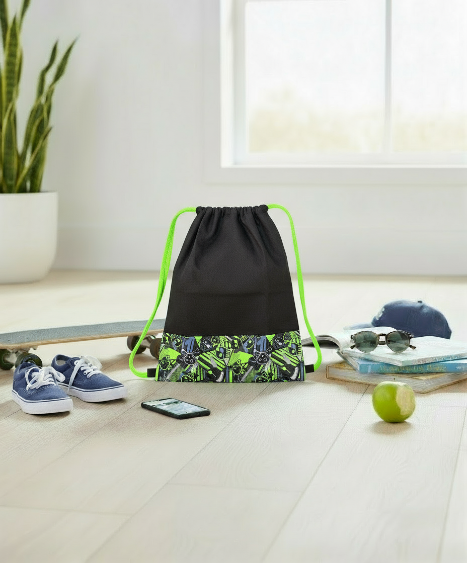 Lace Bag Black/ Green Skulls