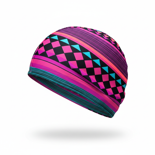 Geometric patterned lycra cap - left side floating view