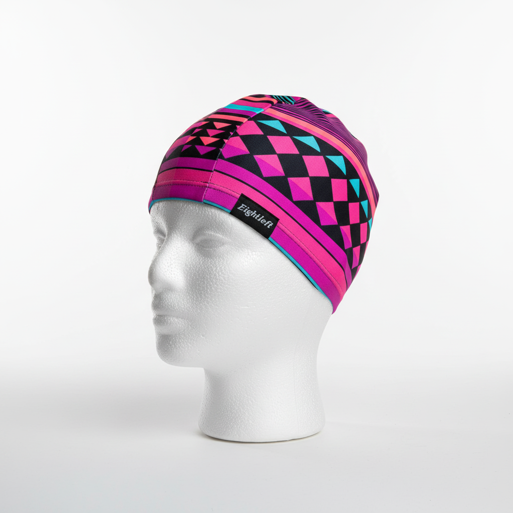 Geometric patterned lycra cap on mannequin - left side view