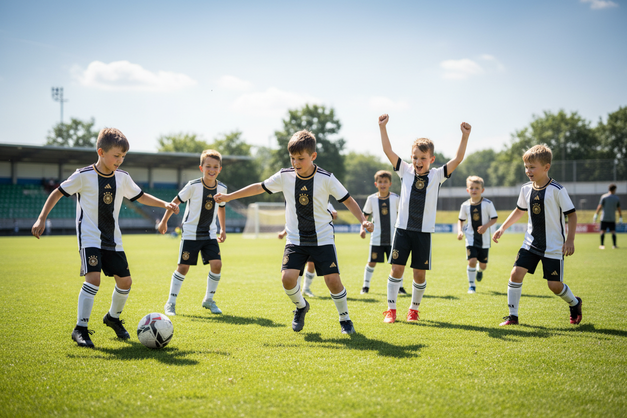 Germany 2022 World Cup Home Kit Kids Team Playing Football