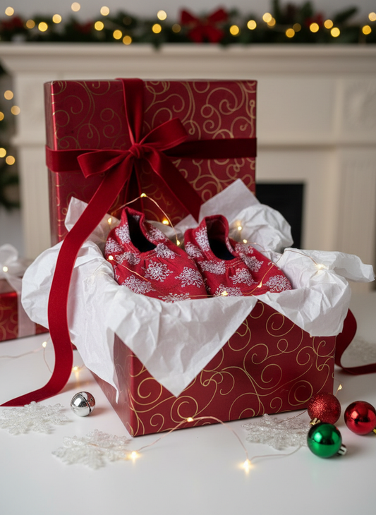 Gift box presentation with ribbon and ornaments