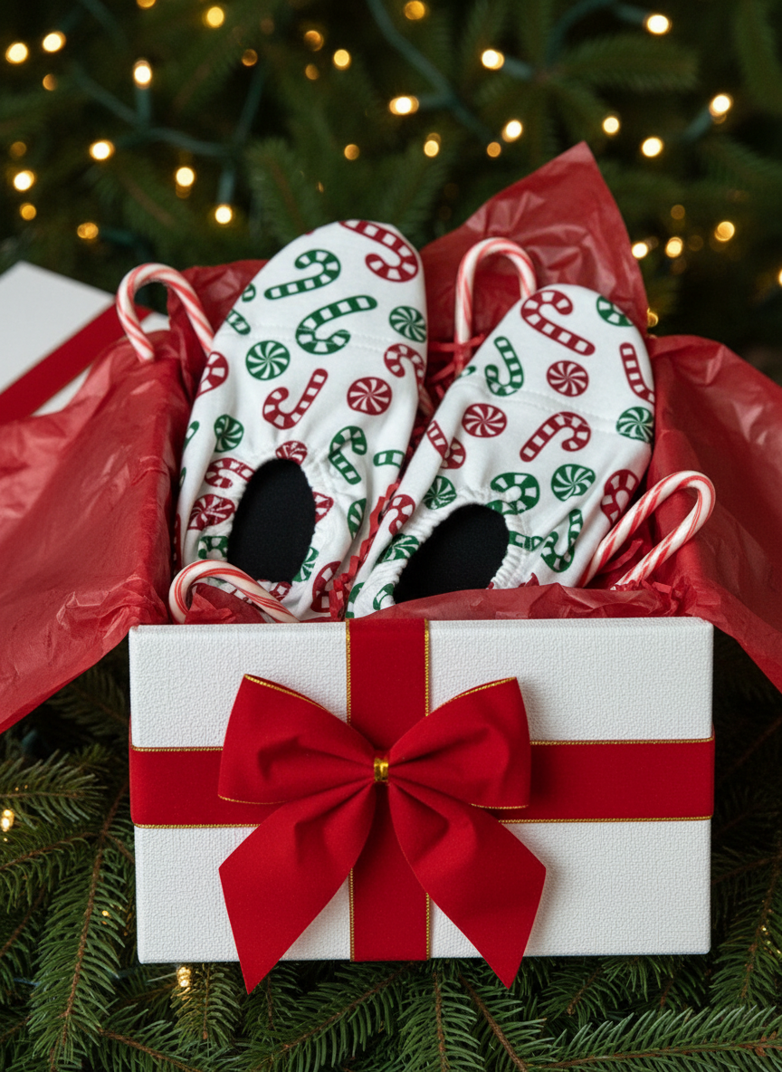 Gift box with red bow and candy canes