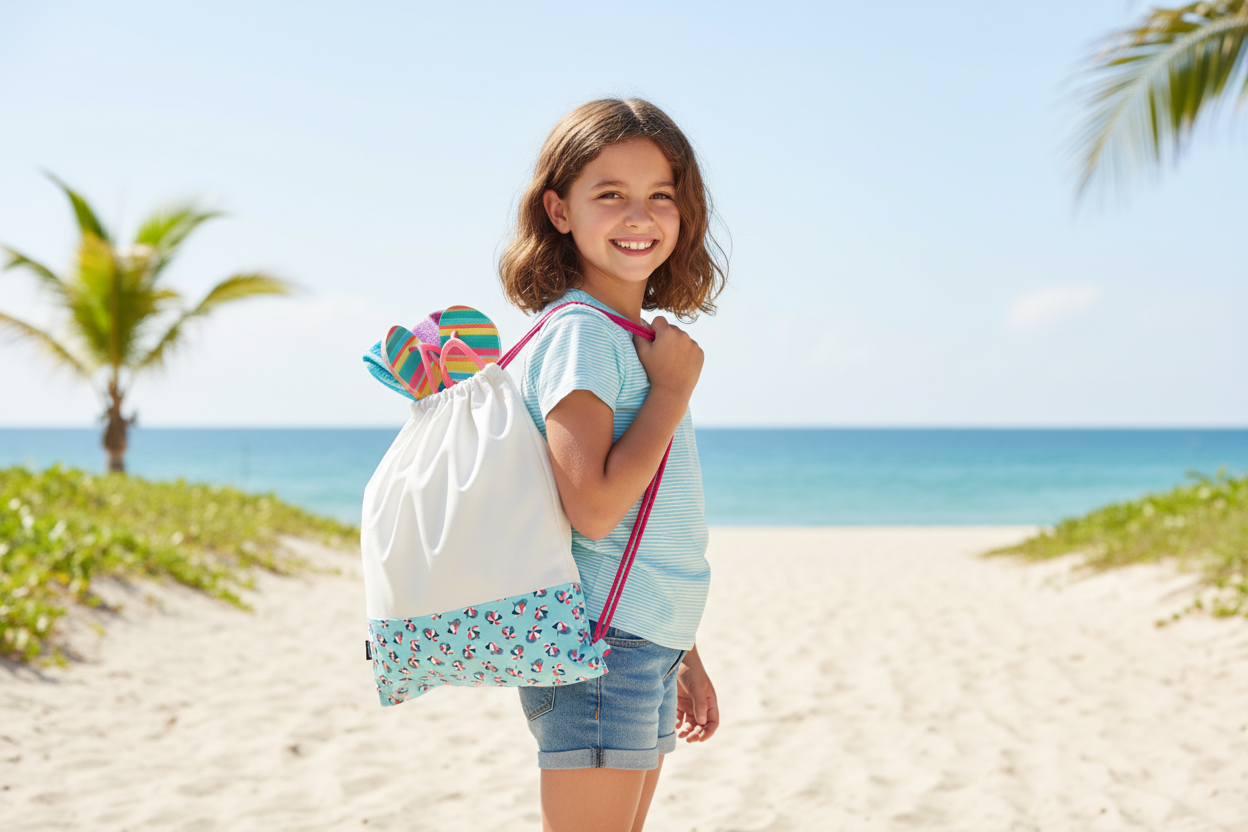 Girl holding beach ball pattern drawstring bag