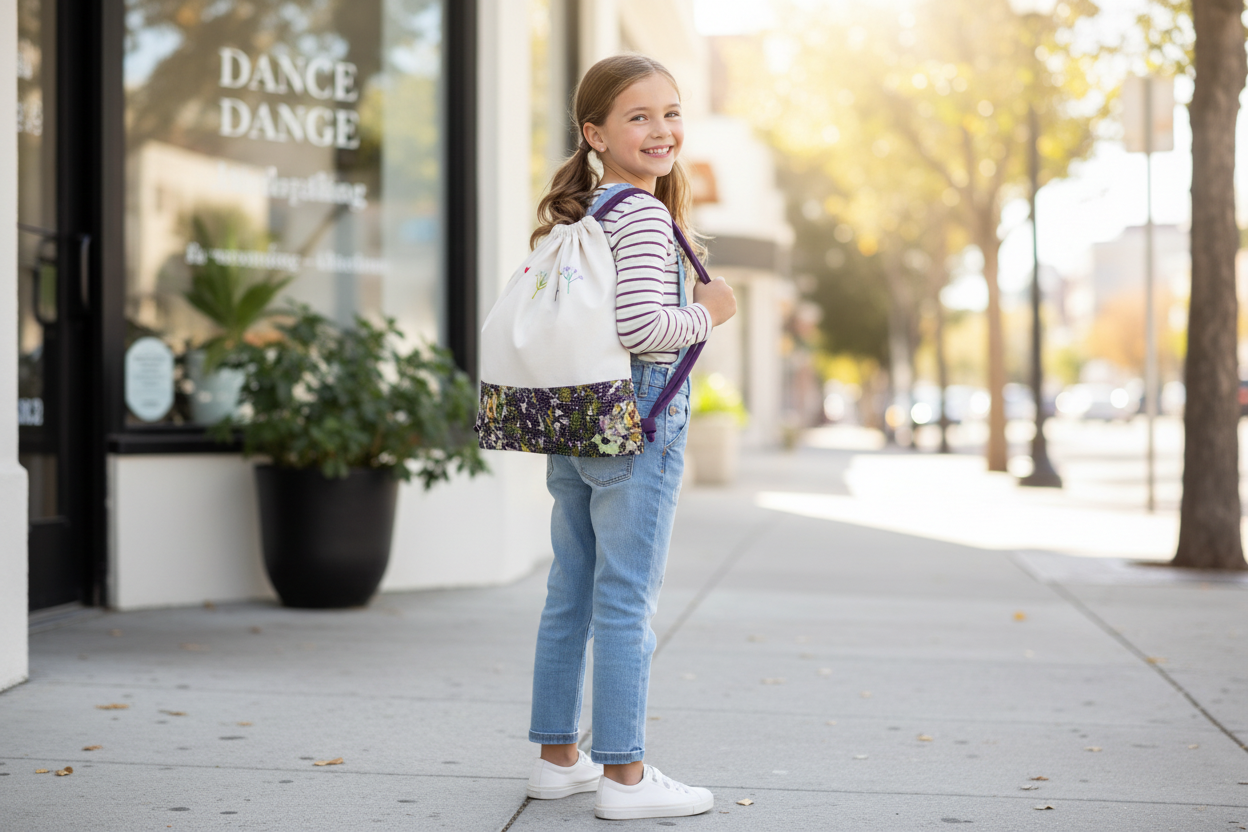 Girl holding floral drawstring bag