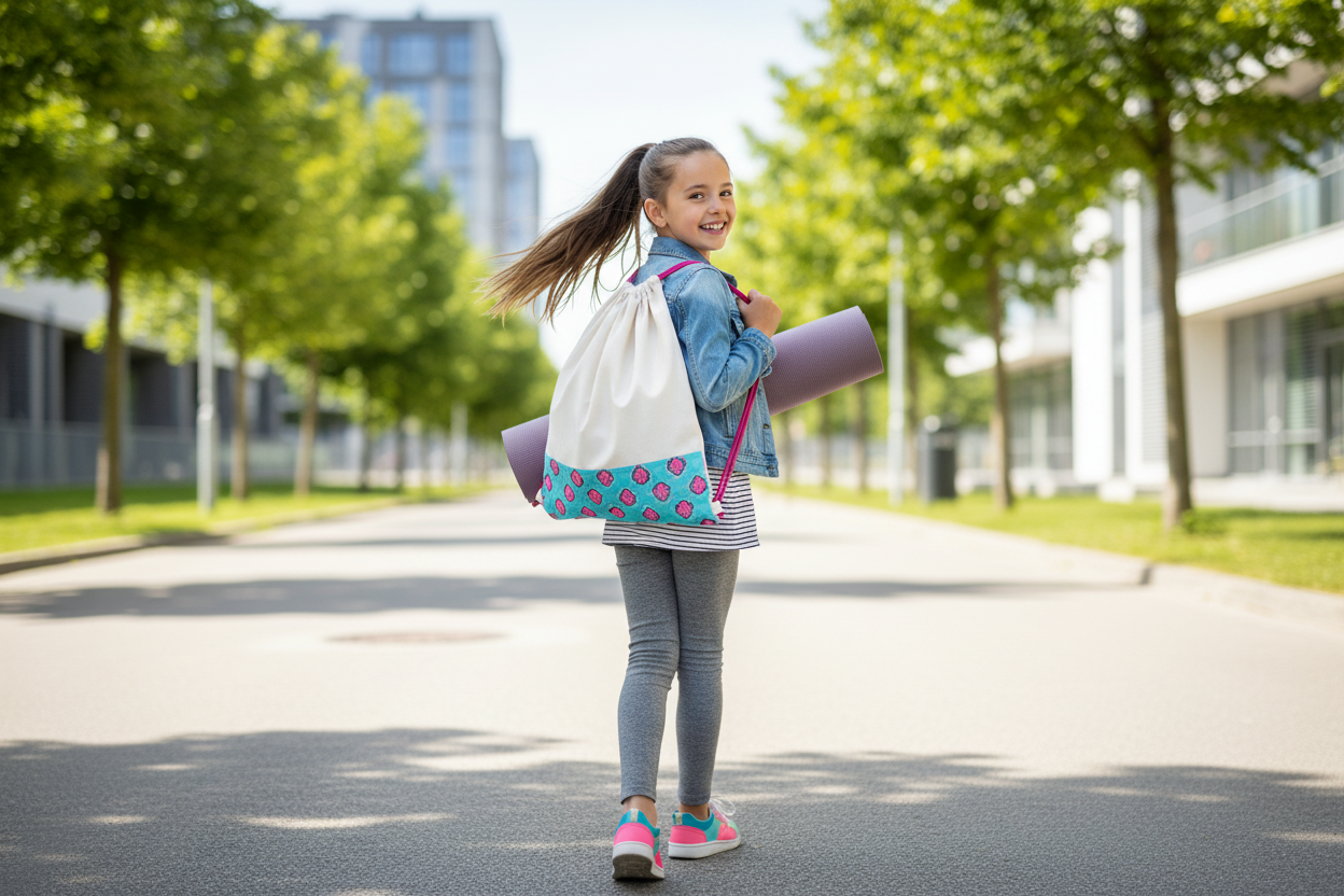 Girl holding geometric pattern drawstring bag