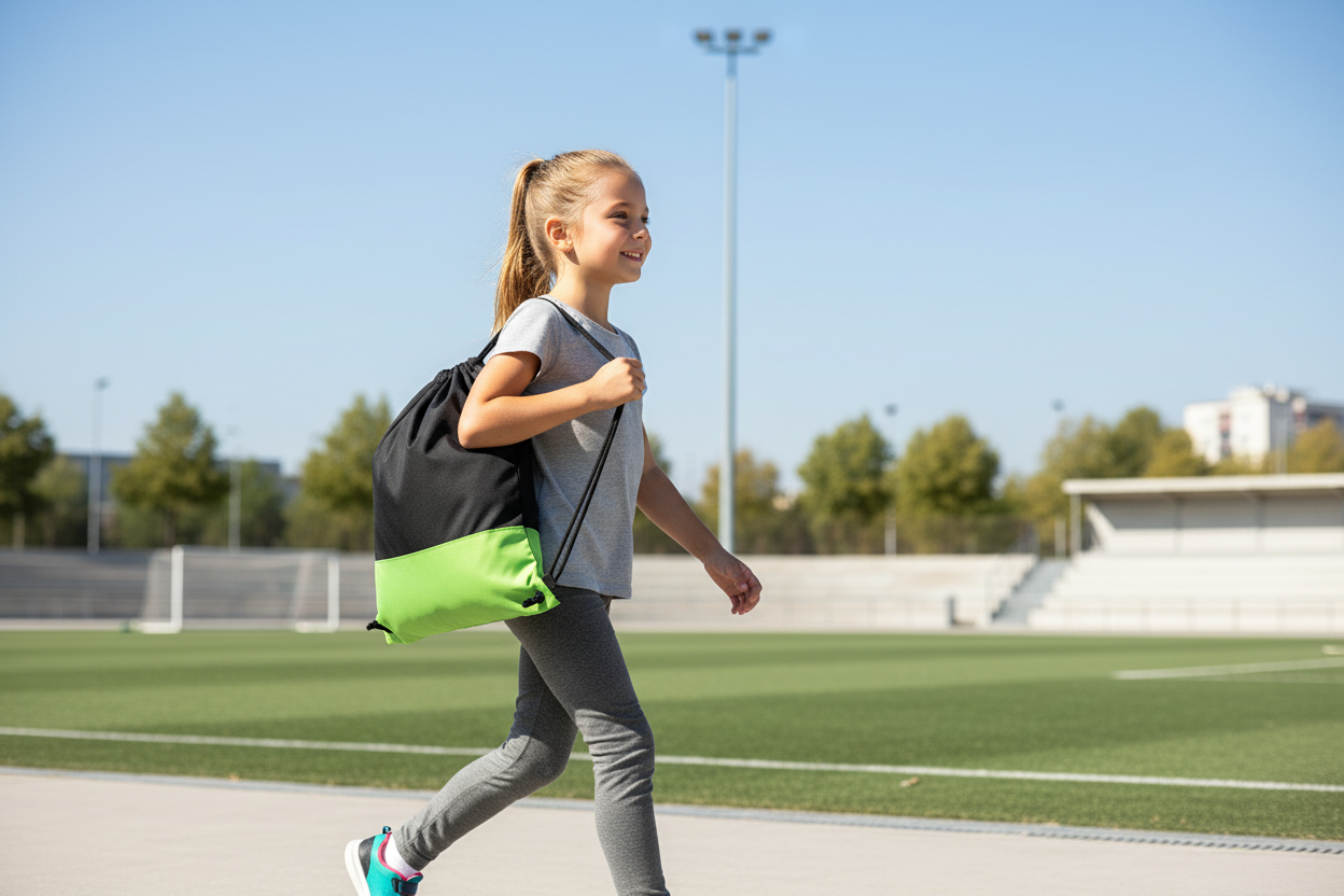 Girl holding lime green and black drawstring bag
