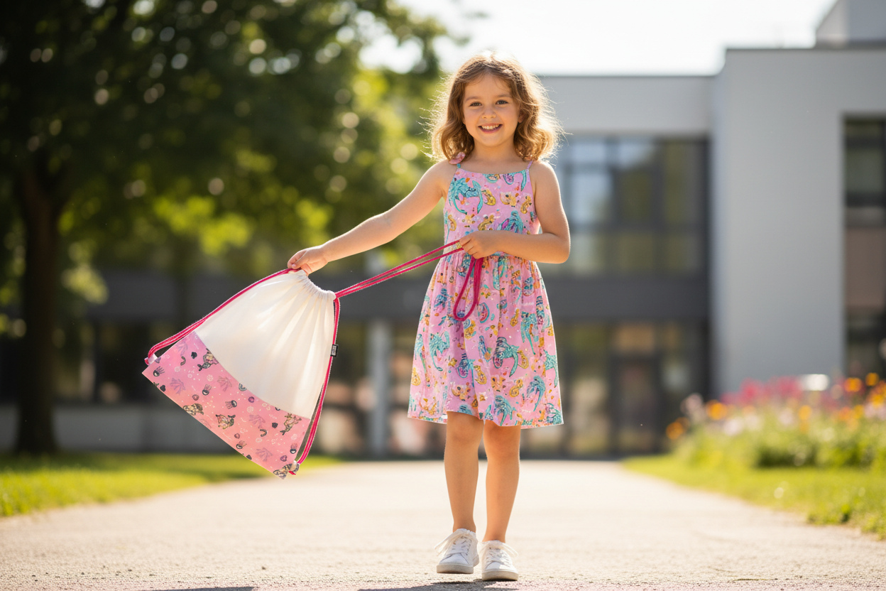 Girl holding mermaid pattern drawstring bag