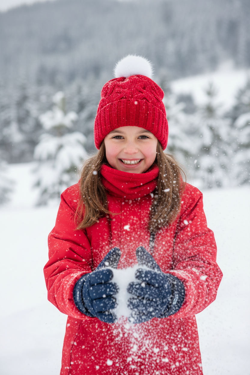 Girl playing in snow wearing navy blue waterproof winter gloves