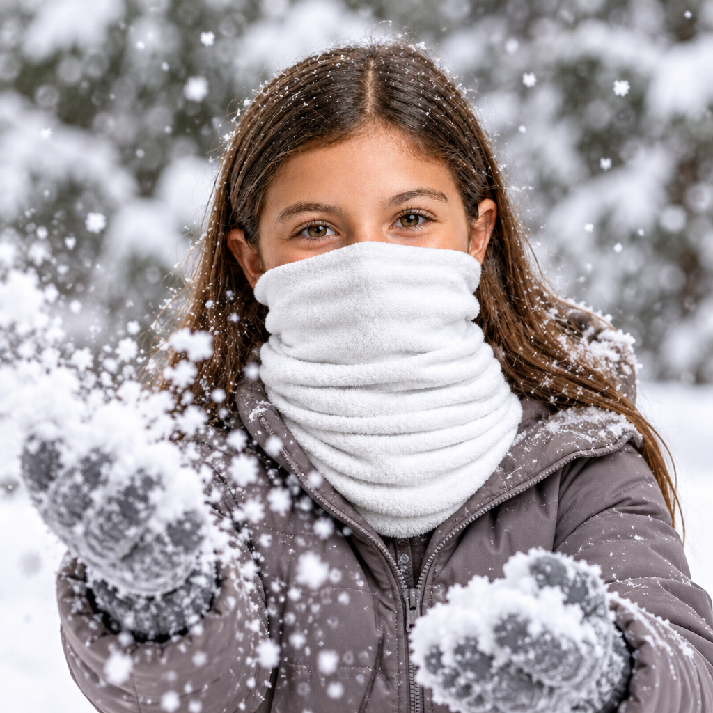 Girl playing in the snow wearing soft white fur headgear