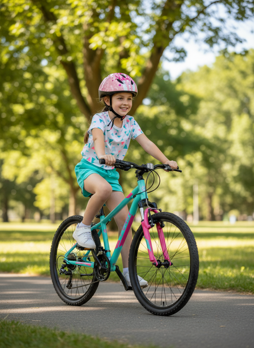 Girl riding bike with helmet