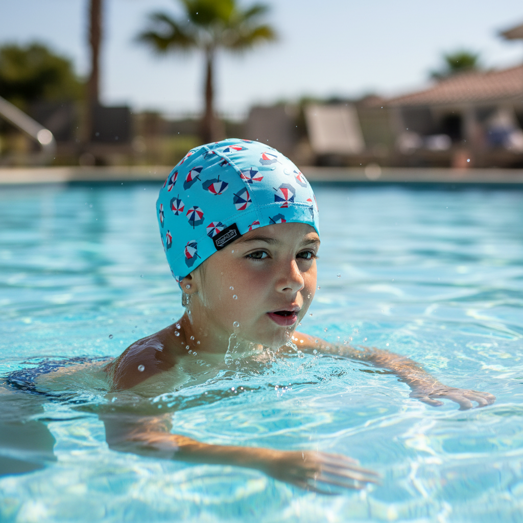 Girl wearing beach umbrella patterned lycra cap in pool