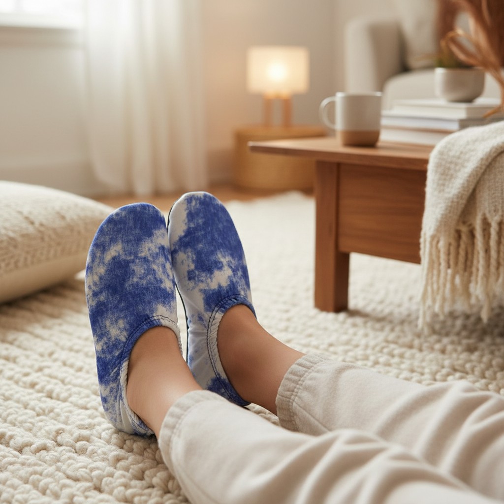 Girl wearing blue and white tie-dye flexy shoes at home