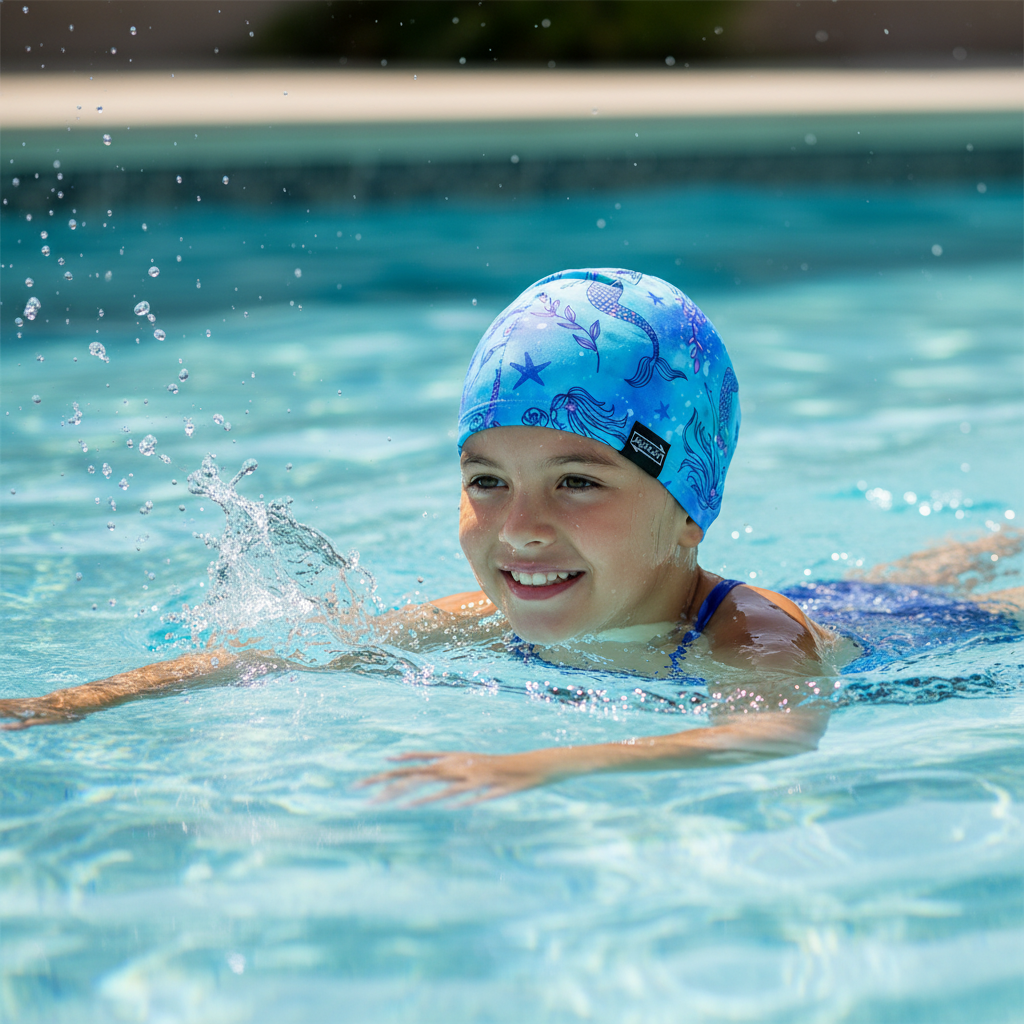 Girl wearing blue mermaid lycra cap in pool