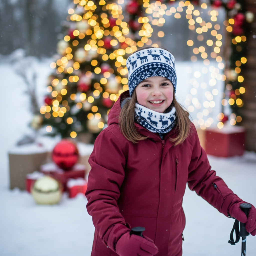 Girl wearing headgear with Christmas lights