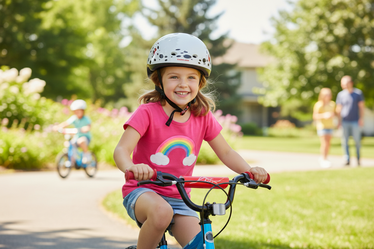Girl wearing ladybug helmet on bicycle