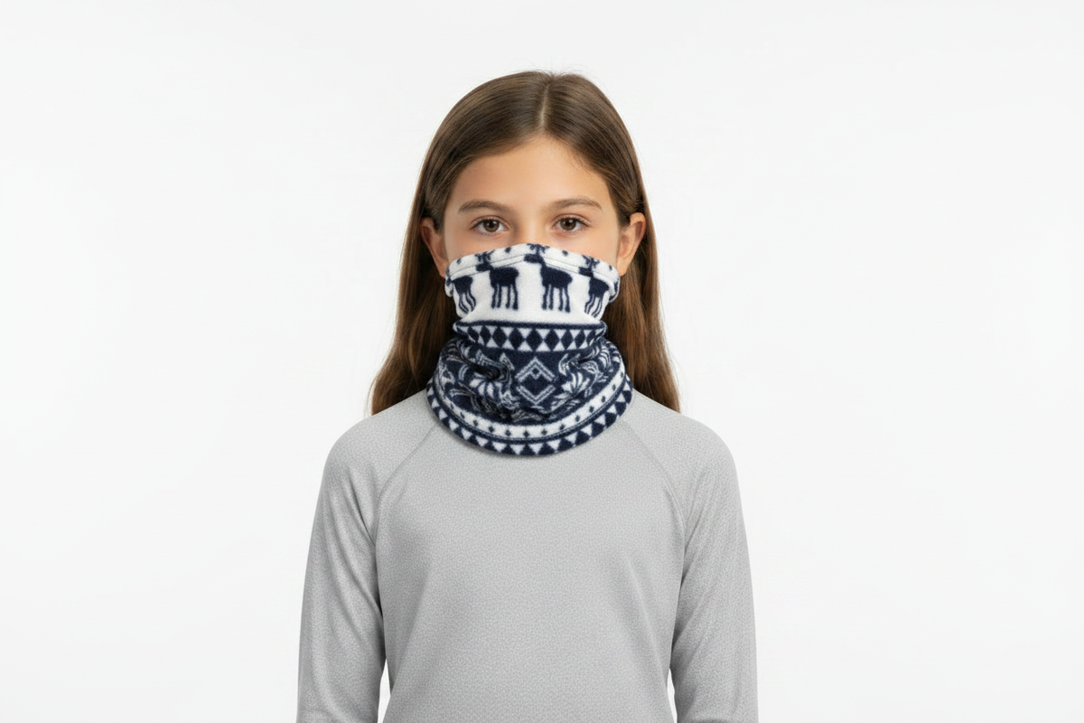 Girl Wearing Navy Deer Fleece Neck Gaiter