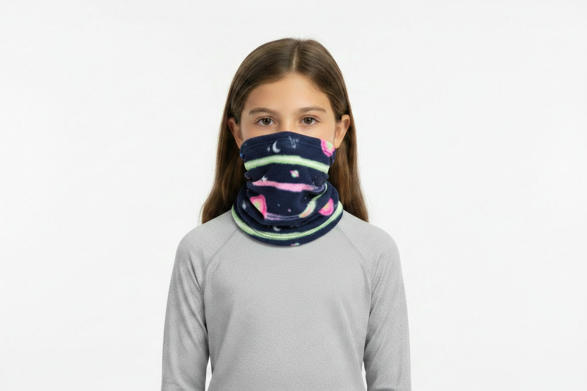 Girl Wearing Navy Space Fleece Neck Gaiter