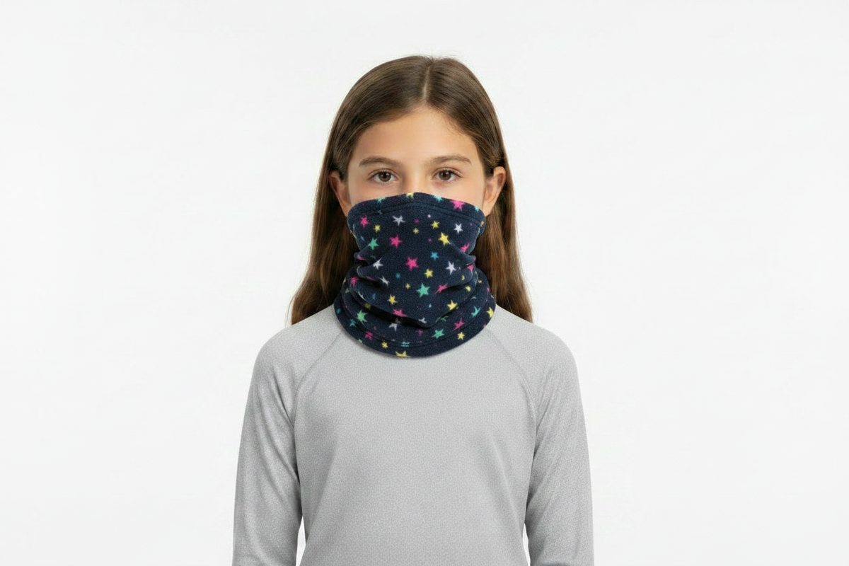 Girl Wearing Navy Stars Fleece Neck Gaiter