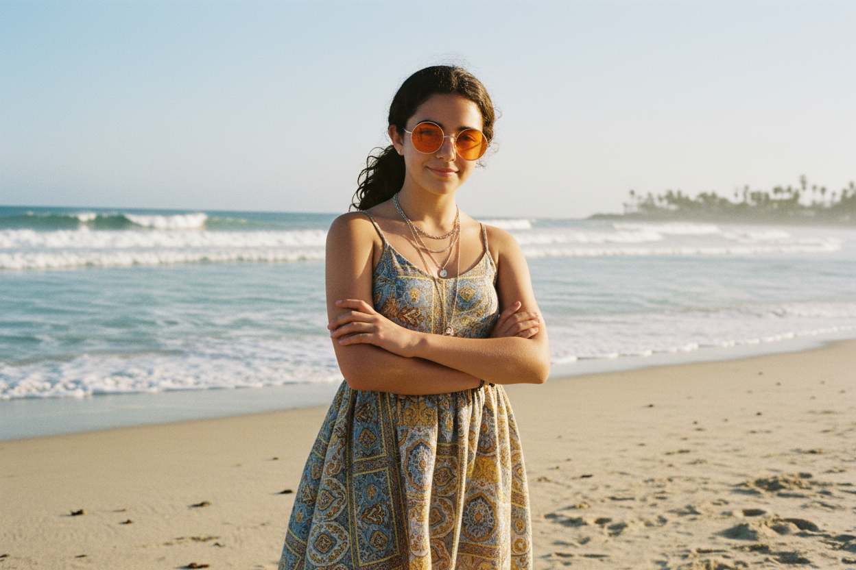 Girl wearing orange Lennon sunglasses at the beach