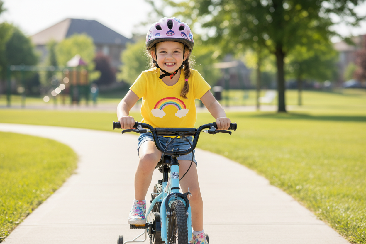 Girl wearing pink helmet on bicycle