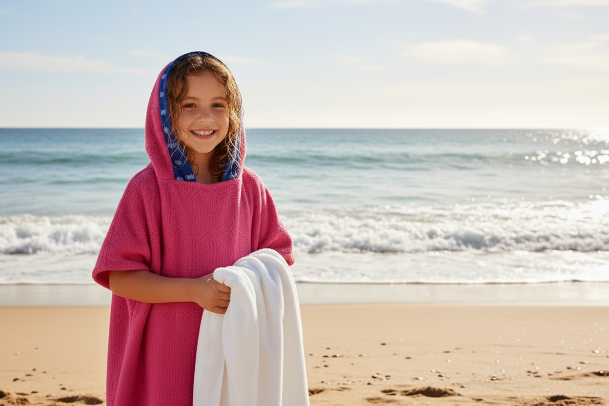 Girl wearing pink hooded poncho at beach