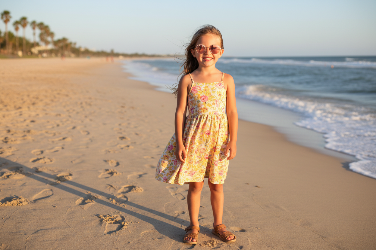Girl wearing pink Lennon sunglasses at the beach