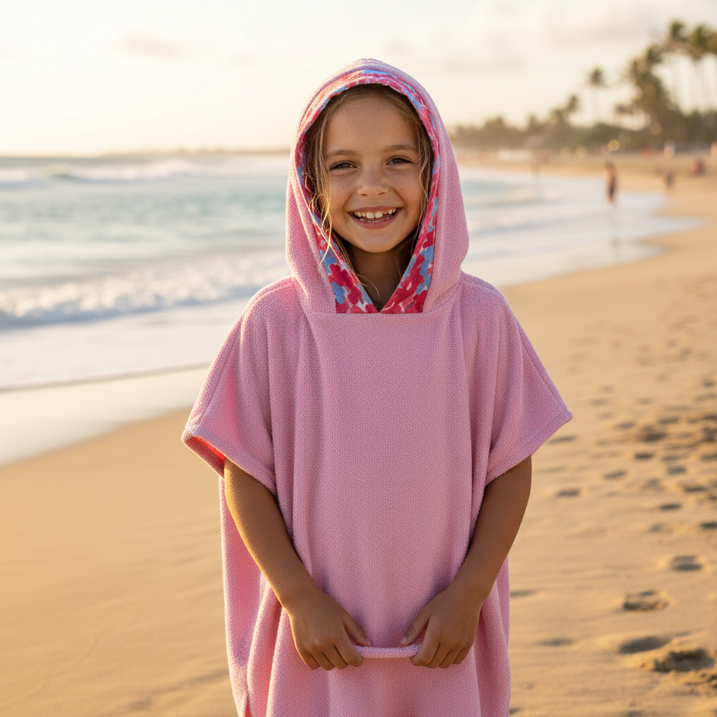 Girl wearing pink poncho at beach