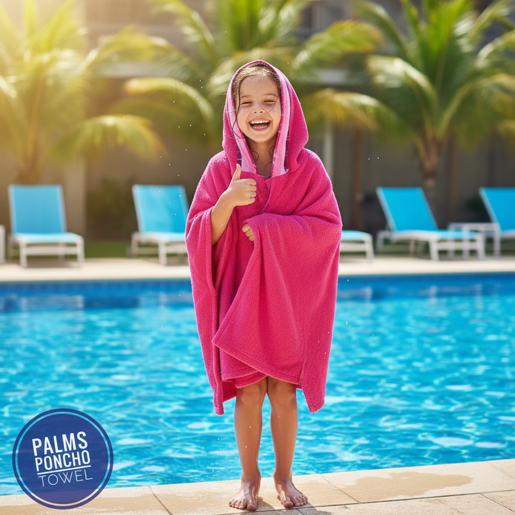 Girl wearing pink poncho at pool