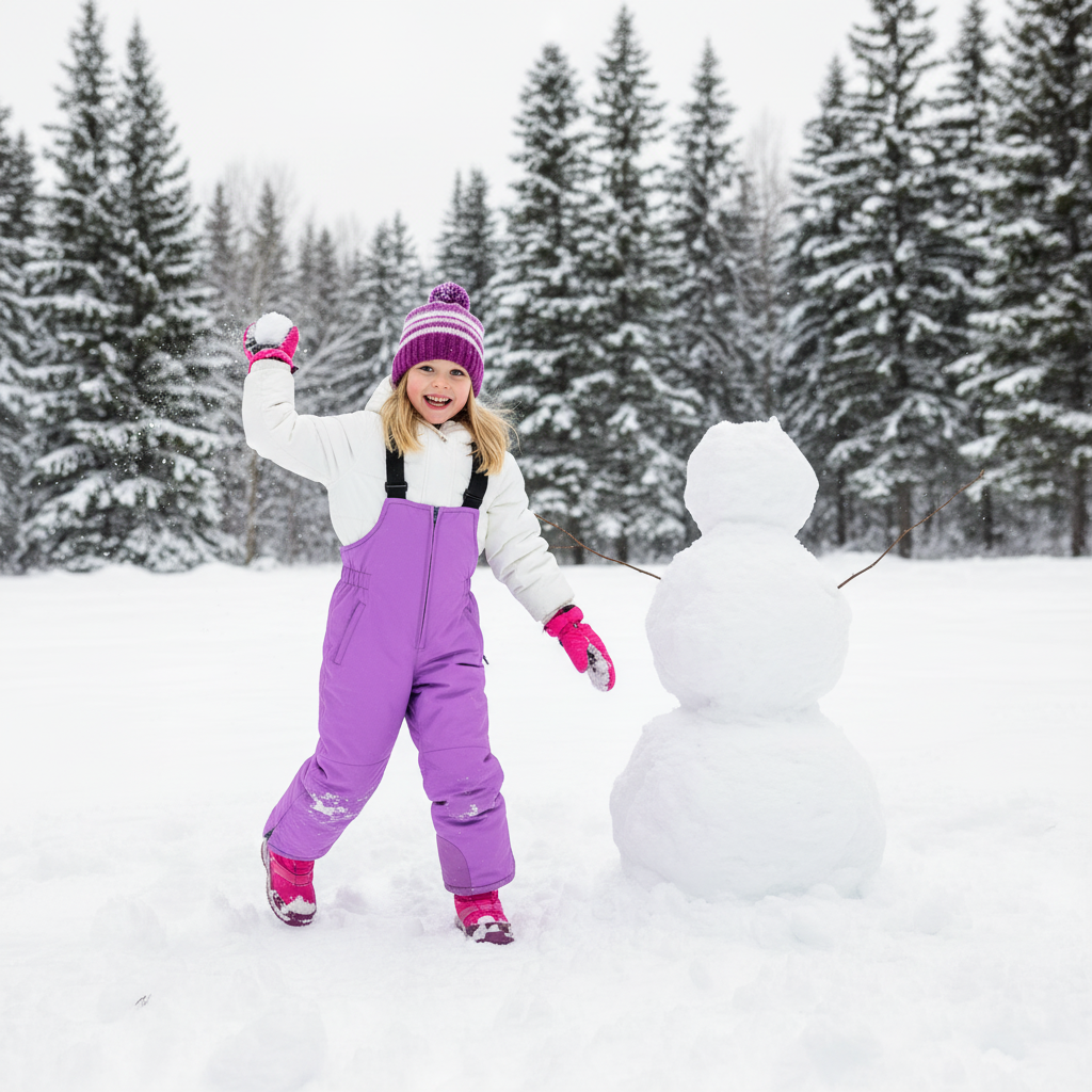 Girl wearing pink snow bib overalls playing in snow